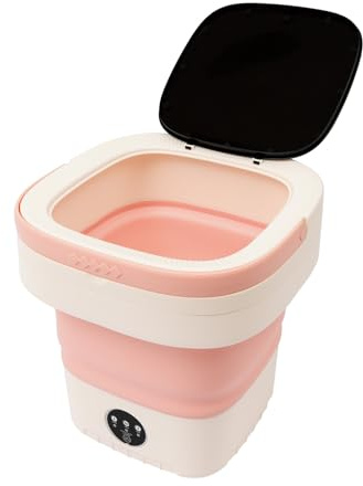 Mini lavadora de 12 L, plegable para camping, con cesta de drenaje, 3 modos, limpieza profunda, estable, de alta calidad, lavadora de viaje para ropa interior, calcetines (rosa)