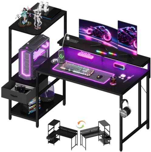 JUMMICO 120×60cm Gaming Tisch mit Steckdose & Lichtleiste, umkehrbarer computertisch mit Monitorständer, schubladen & Ablagefach, Kopfhörerhaken, Gaming Schreibtisch Carbon Fiber Schwarz