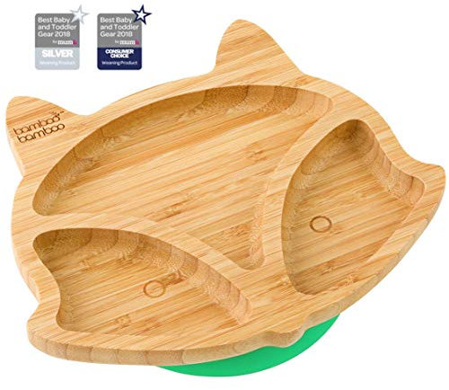 bamboo bamboo Assiette bébé et Assiette enfant, Assiette succion pour Repas et Sevrage, Assiette renard Bambou avec Succion sécurisée, pour Bébés dès 6 Mois (Renard, Vert)