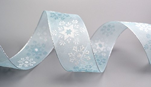 Dekoband „Wonder Snowflakes“ HELLBLAU/SILBER 3 m x 40 mm Geschenkband Weihnachten Chiffon Schleifenband Winter Schneeflocken Sterne Glanzkanten mit Draht