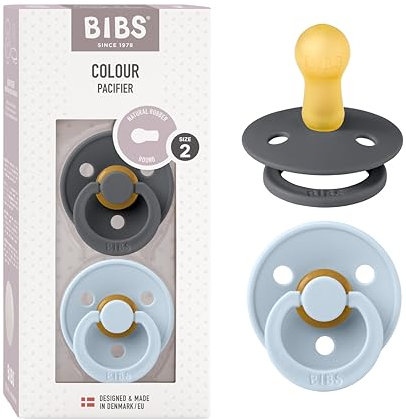BIBS Colour Schnuller 2er-Pack, BPA-frei, Kirschform Nippel. Naturkautschuk/Latex, Hergestellt in Dänemark. Größe 2 | 6+ Monate | 2-Pack, Iron/Baby Blue