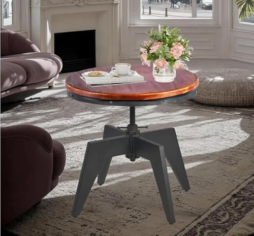 Lisuden Industrieller Couchtisch, rund, klein, Holz, Couchtisch, Akzenttisch für Wohnzimmer, höhenverstellbar, drehbar, Sofa, Beistelltisch, Esstisch, Braun und Schwarz, 50,8 cm - 66 cm H