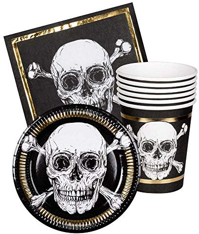 Boland 74114 - Partygeschirr Set Pirat, 6 Teller, 6 Becher, 12 Servietten, Totenkopf, Geburtstag, Einweggeschirr, Pappe, Kindergeburtstag, Mottoparty, Partyzubehör, Halloween