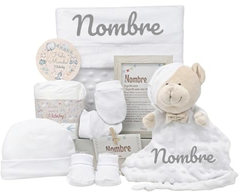 Mababyshop Velvet Canastilla Bebé Recién Nacido Personalizada (Blanco) | Manta Burbujas, Dou Dou de Apego, Primera Puesta, Regalo Baby Shower