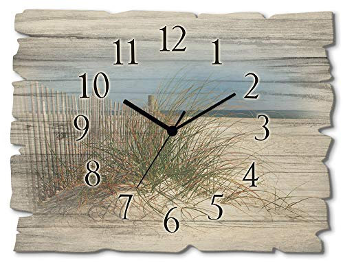 ARTLAND Wanddeko Wanduhr ohne Tickgeräusche aus Holz Quarzuhr 40x30 cm Rechteckig Lautlos Strand Meer Düne Gräser Landschaft Maritim T5MA
