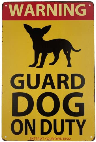 Forever_USA Blechschild | Blechschild | Warnung! Chihuahua als Wachhund 20,3 x 30,5 cm | Lustiges Dekoschild für Zuhause Küche Zimmer Bar Geschenk | Cooles Lustiges Produkt