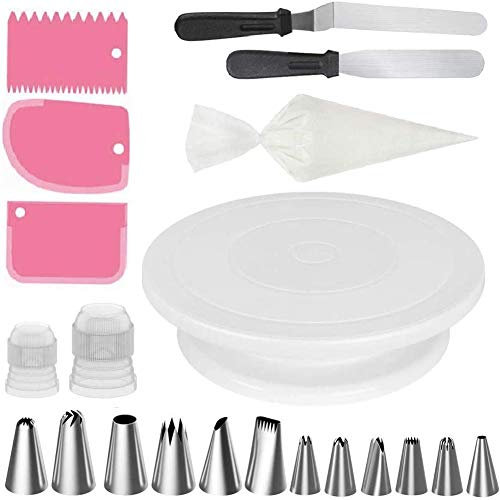 Set per decorare torte Piatto rotante da Raschietti per torta più lisci per glassa Sacchetti per tubazioni per pasticceria Ugelli per tubazioni per torta Suggerimenti Accoppiatore Spatole Decoratore