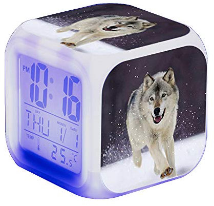Nicole Knupfer Wolf Wecker Kinder Wecker LED Night Nachttischwecker Quadrat Beleuchteter LCD Uhr Wake Up Wecker Geschenk Muster Wolf (#4)