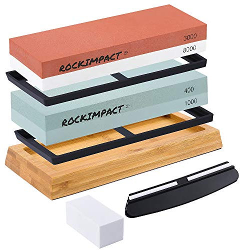 ROCKIMPACT Knife Sharpener Stone | Sharpening Stone | Whetstone Sharpening Kit 4 Side Grit 400/1000, 3000/8000 | w/Non-Slip Mat, Wooden Base, Angle Guide & Flattening Stone