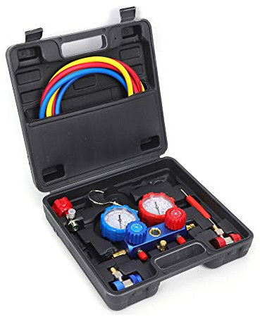 Füllarmatur in Aluminium mit Manometern, Kältemittel Manifold Messgerät Set, Inkl. 3 Füllschläuchen, 1 Satz 2-Wege Monteurhilfe für R134a, R22, R12, R410A, R404A und R502