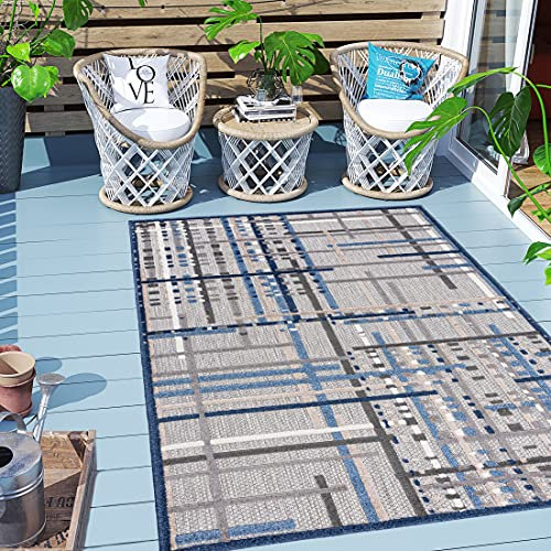 Carpeto Rugs Geometrisch In- & Outdoor Teppich Wetterfest für Balkon, Terasse - Balkon Teppich Wasserfest - Outdoorteppich Wetterfest - Aussenteppich Terrasse Groß - Grau Blau - 120 x 170 cm