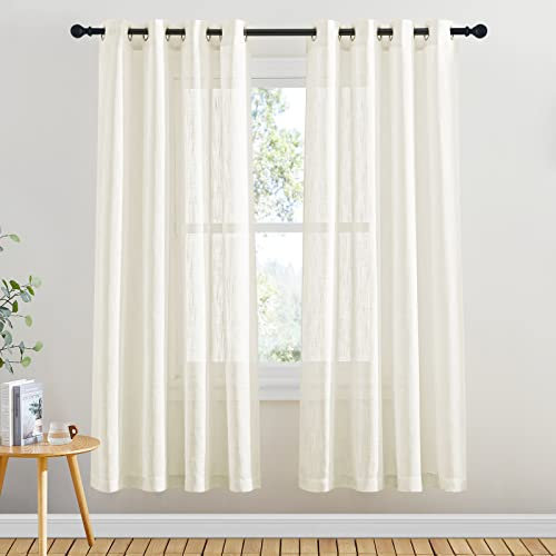 PONY DANCE Vorhang Hellbeige Leinenoptik 2er Set H 180 x B 132 cm Halbtransparente Gardinen Landhausstil für Wohnzimmer Deko Vorhänge mit Ösen