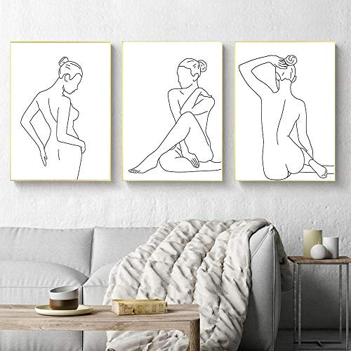 Weibliche Nackte One Line Art Zeichnung Bild Nordic Leinwand Malerei Wandkunst Figur Frau Körper Minimalistische Poster Und Druck Für Wohnzimmer 12X16X3Pcs Kein Rahmen