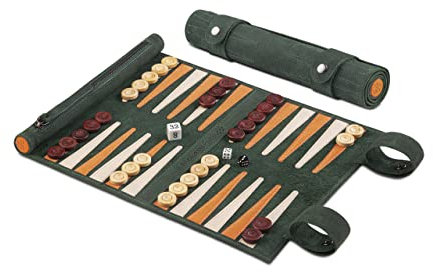 Melia Games Backgammon zum Rollen - Reise-Backgammon aus feinstem Nubuk Echt-Leder mit handgefertigten Holzspielsteinen (Eire - Full Leather Version)