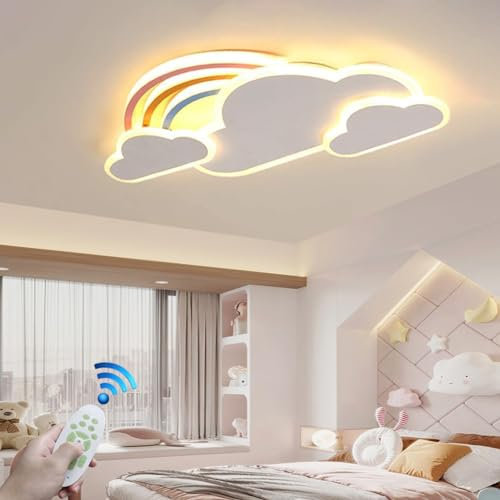 Kinderzimmerlampe LED Dimmbar Fernbedienung Deckenleuchte Mädchen Junge Schlafzimmer Deckenlamp Moderne Regenbogen Wolke Designer Pendelleuchte Wohnzimmer Esszimmer Bad Kronleuchter (52CM/45W, Weiß)