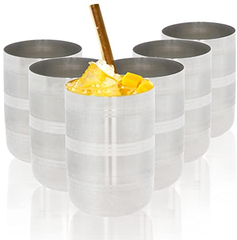 Stainless Steel Cups Metal Drinking Glasses Set of 6 Reusable Tumbler Mug Unbreakable Shatterproof for Cocktail Wine Beer Water Juice Iced Coffee Party Travel Camping Outdoor (Royal Striped - 300ml)