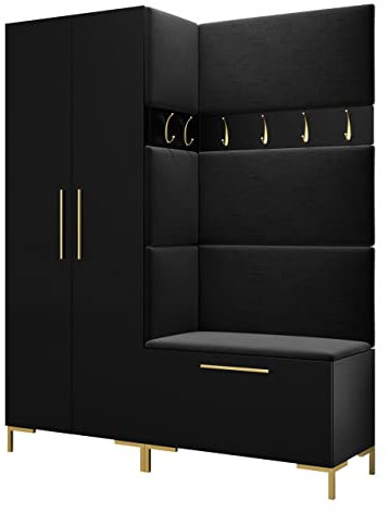 Mirjan24 Garderoben-Set Zinetto I, Kleiderschrank + Schuhschrank + 2X Kleiderhakenbrett + Gepolstertes Paneel/Wandpaneel, Kleiderhaken, Flurgarderobe, Wandgarderobe (Schwarz, Manila 18)