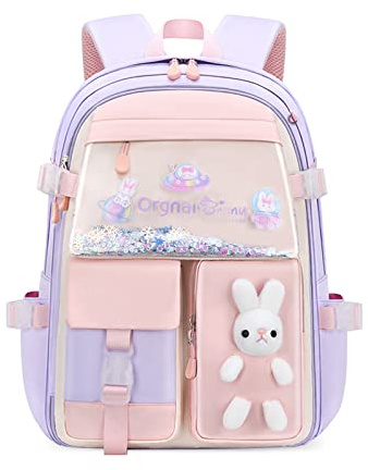 SONARIN Niedlicher Schulrucksack für Mädchen,Multi-Taschen Wasserdichter Hase Schulranzen Kinderrucksack Mädchen Grundschule Ranzen Grundschulrucksack Büchertasche für Kinder(Lila)