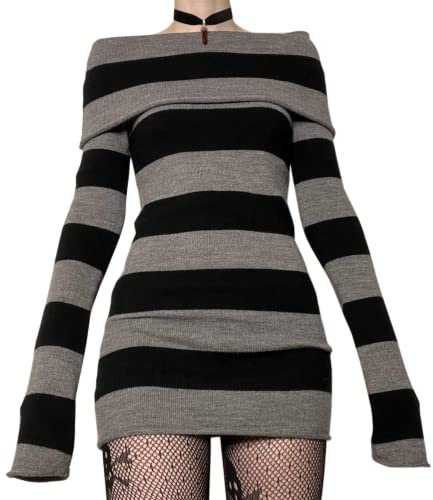 Women Gothic Off Shoulder Mini Dress Aesthetic Long Sleeve Stripe Bodycon Short Dress Sexy Wrap Ribbed Knit Sweater Dress