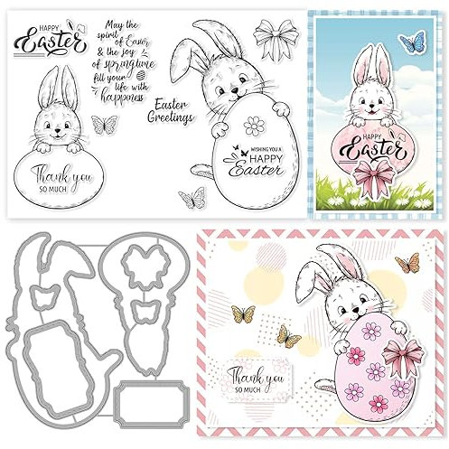 INFUNLY Fröhliche Ostern-Stanzformen Und Transparente Stempel-SetCartoon-HaseGestanztes OstereiTransparente Silikon-Stempel Für KartenherstellungFür DIY-HandwerkScrapbookingOsterkartenherstellung