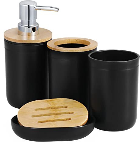 HonGien Badezimmer-Zubehör-Set, Bad Accessoire Set Zahnputzbecher, 4Pcs Bambus Bad Zubehörset mit Zahnbürstenhalter, Mundwasser Cup, Lotion Flasche und Seifenschal (Schwarz)