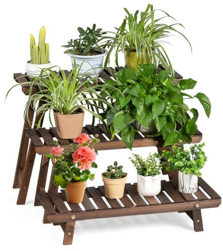 Pflanzenregal aus Holz, Blumenständer für Innen- und Außenbereiche, Mehrzweck-Topfhalter, Pflanzenständer für Pflanzen, Blumenregal für Garten, Balkon, Terrase (3 Ebenen)