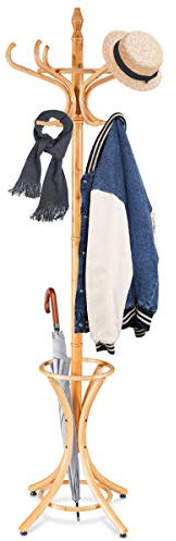 Multigot Coat Rack, Wooden Hat Clothes Hall Tree Hanger with Umbrella Holder and 12 Hooks, Freestanding Scarf Display Organizer Stand for Home Dormitory Office (Oak)