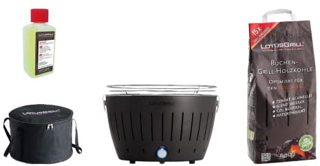 LotusGrill Classic Nero Starter-Set, 1 griglia, 1 carbone di faggio da 2,5 kg, 1 pasta combustibile da 200 ml, 1 borsa per il trasporto (Black)