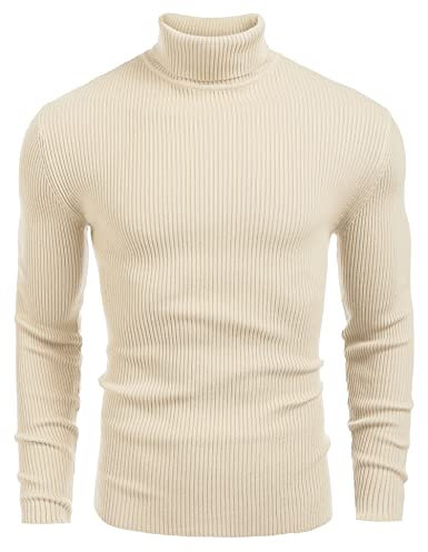 COOFANDY Men's Jumpers Turtle Neck Cable Knitted Jumpers Slim Fit Pollover Sweater Beige