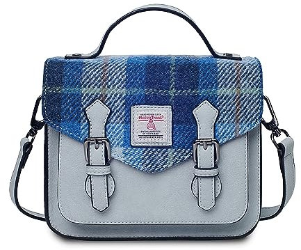 Islander® The Calton Satchel Damen-Umhängetasche mit Harris-Tweed, Größe S und M, Blue Tartan, Medium