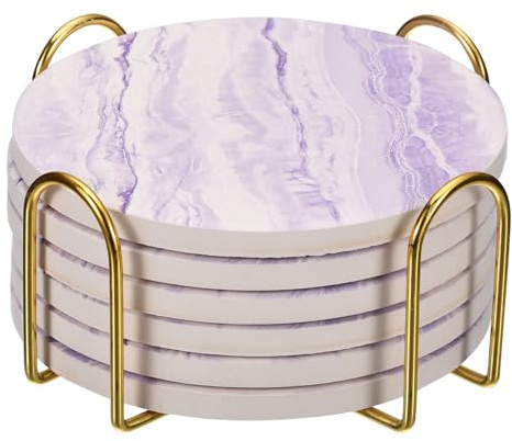 uxcell Drink Coasters with Holder, 6pcs 4 - Cork Base Coasters for Drinks, Sandstone Style for Kinds of Cups, Home Decor, Wooden Table (Purple)