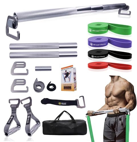 J Bryant Fitness Heavy Duty Übungsstange Set Widerstandsbänder Bar mit 4 Widerstandsbändern, Tragetasche, rutschfester Griff, für Beine und Po, Physiotherapie, Workouts, Damen und Herren