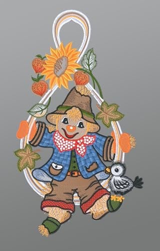 Plauener Spitze Fensterbild Vogelscheuche mit Herbstlaub und Vögelchen (Bx H) 20cm * 37cm Mehrfarbig Fensterdekoration Fensterschmuck