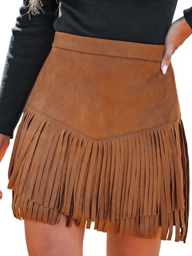 CUPSHE Damen Rock Herbst Winter Fransen Wildleder Rock, High Waist Western Outfit Minirock Mini Skirt, Braun, XS