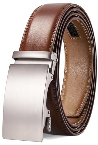 LAKIDAY Gürtel Herren, Cognac Ratsche Automatikschließe Gürtel für Herren Business Anzug, Ledergürtel, 35mm Gürtel, Größe Einstellbar 13-Cognac-125
