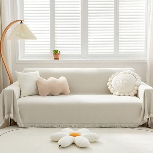 ANAZOZ Sofa Überzug 4 Sitzer, Sofa Überwurfdecke Chenille Einfarbig Beige mit Fransen Sofaüberwurf 180x380