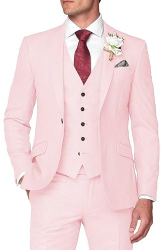 HUUTOE Costume 3 pièces élégant pour homme, type smoking, coupe ajustée, avec blazer, gilet et pantalon, pour l’été, mariage, bal de fin d'année, affaires, rose clair, Taille M