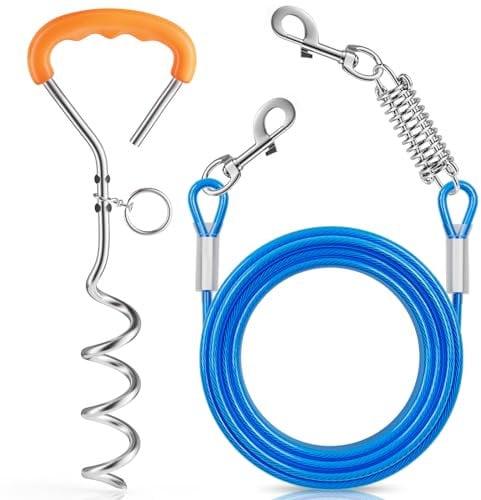 Chuiendi Dog Tie Out Cable and Stake, 6M/19.6FT Dog Tether Training Line with Swivel Hook and Shock Absorbing Spring, Pet Lead for Yard Outdoor and Camping for Small Medium Large Pets Up to 120 LBS