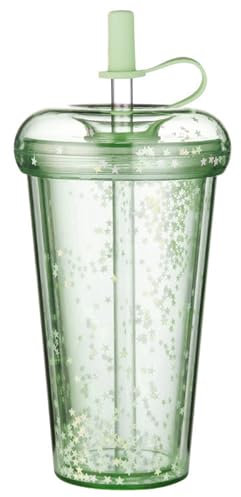 Vaso De Doble Pared Con Tapa Y Pajita Vaso Aislado Seguro De 420 Ml/14,2 Oz Con Purpurina a Prueba De Fugas Taza De Agua Portátil Verde
