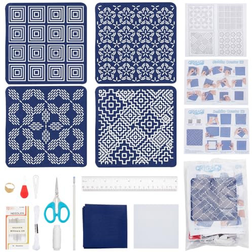 FREEBLOSS Sashiko Kit de 4 sous-verres solubles dans l'eau Kit de broderie complet avec fil Sashiko, aiguilles et dessous-de-verre en tissu pour adultes amateurs de broderie