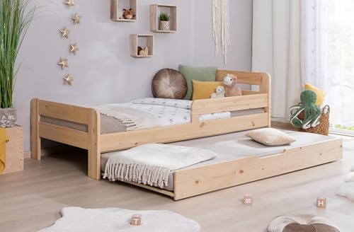 TiCAA Einzelbett Kinderbett Jugendbett, Bennet mit Zusatzbett Rausfallschutz für Schlafzimmer, Kinderzimmer Kiefer Massivholz Bettgestell 90/120 x 200 cm