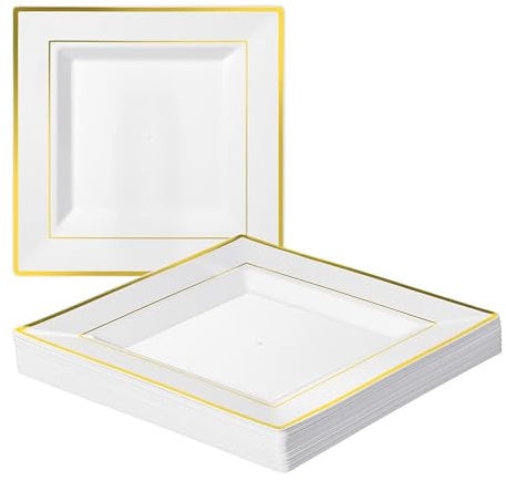 MATANA 20 Platos Cuadrados de Plástico Blanco con Borde Dorado, 24cm - Elegantes, Resistentes y Reutilizables - Bodas, Cumpleaños, Navidad, Barbacoas, Fiestas