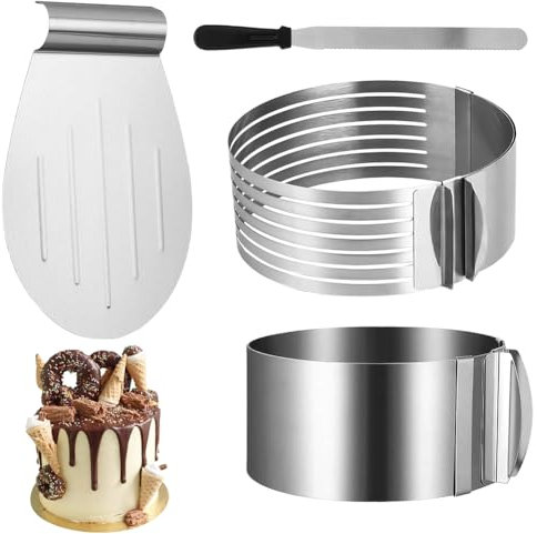 Yuragim Tortenring Set 4tlg, Tortenboden Schneidehilfe+Ø16-30 Tortenring Verstellbar+Tortenmesser Lang+Ø24-30 Tortenheber Edelstahl, Torten Schneidehilfe, Backen Zubehör TortenZubehör für Küche Backen