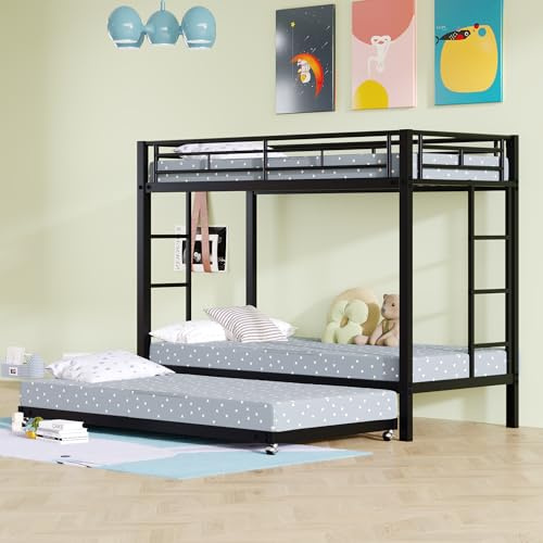 KAZZIO 90x200cm Etagenbett, Eisenrahmenbett, Kinderbett, ausgestattet mit Ausziehbett, hohe Geländer, EN747 Zertifiziert, robuste Konstruktion (Schwarz)