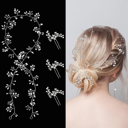 4 Piece Hair Vines for Weddings Pearl and Crystal Beads Pins Wedding Hair Accessories for Brides, Bridal Shower, Prom, Party