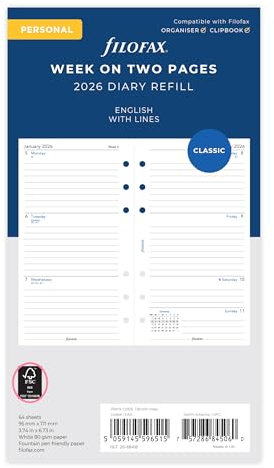 Filofax Terminplaner 26-68418, 1 Woche auf 2 Seiten, liniert, Englisch, 2026