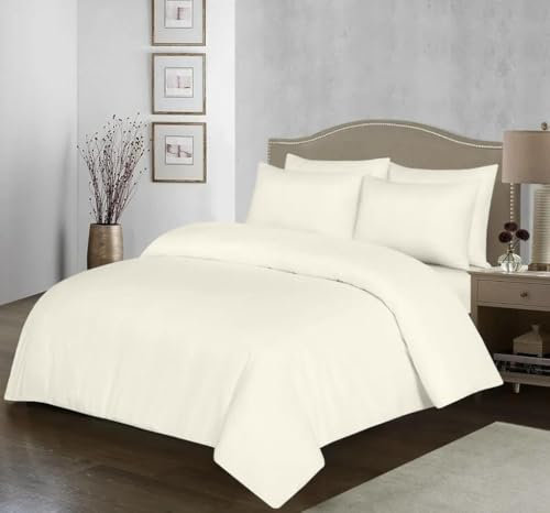 100% Egyptian Cotton Duvet Cover Set |200 Thread Count Plain Dyed Duvet Quilt Cover Set With Free Pillowcases| Non-Iron Easycare Bedding Set - Single Double King Super King Sizes (Cream, Double)