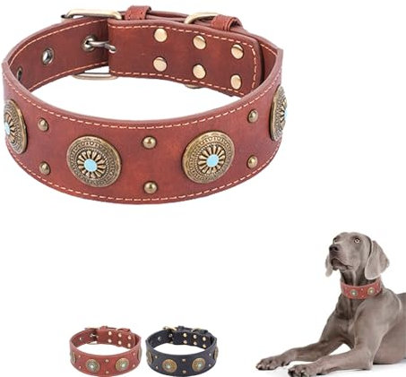 Hundehalsband Leder Breit, Lederhalsband Hund, Einstellbar Hunde Halsbänder mit Metallschnalle, Hundehalsband Vintage Leder Hundeleine für Kleine Mittlere Große Hunde (S,Braun)