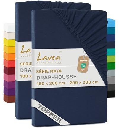 Lavea® 2er Pack Topper Spannbettlaken 180/200x200cm – Galaxyblau | 100% Baumwolle Jersey – Für Topper bis 12 cm Höhe – Weich, Formstabil und Langlebig