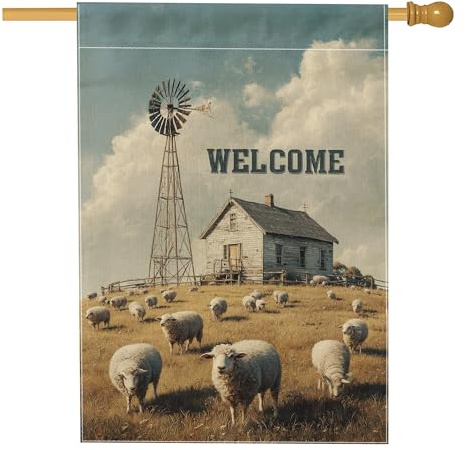 Bandiera rustica da giardino di benvenuto, con pecore beige, decorazione per la casa, bandiera verticale su entrambi i lati, decorazione per esterni per tutte le stagioni, 71 x 101 cm